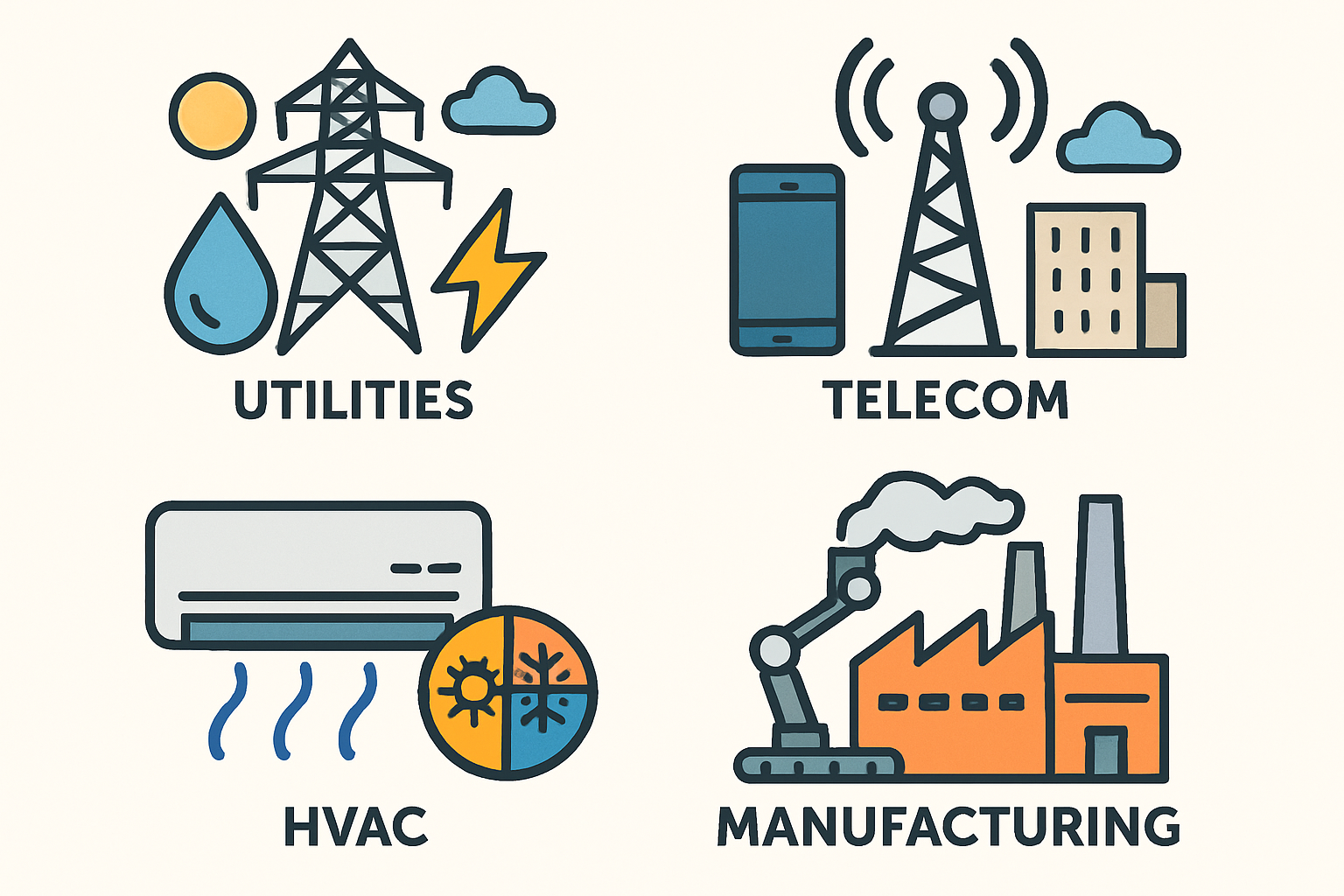 image showing these companies utilities telecom HVAC and manufacturing-1