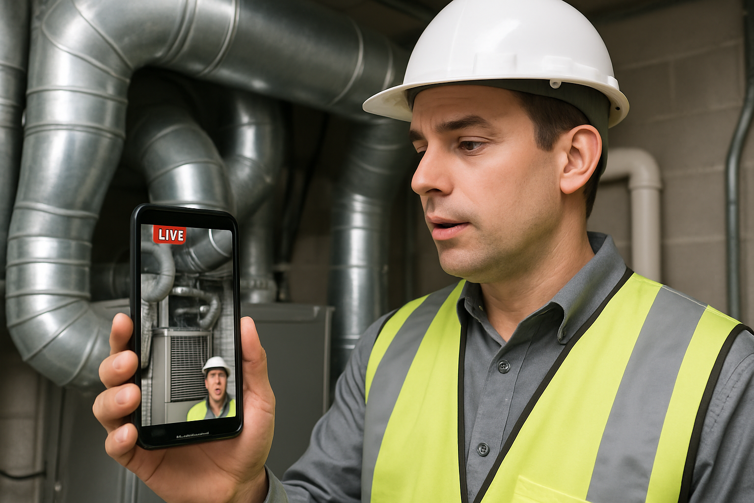 inspector holding a phone doing live inspecton videoing an HVAC system-1