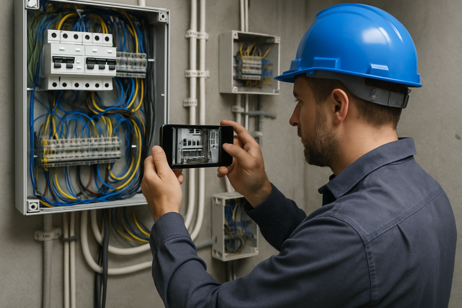 man videoing the electrical system
