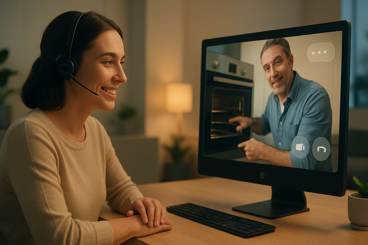 modern callcentre scene featuring a friendly customersupport agent on a live video call The agent wears a headset sits at a clean workstation with sof-2