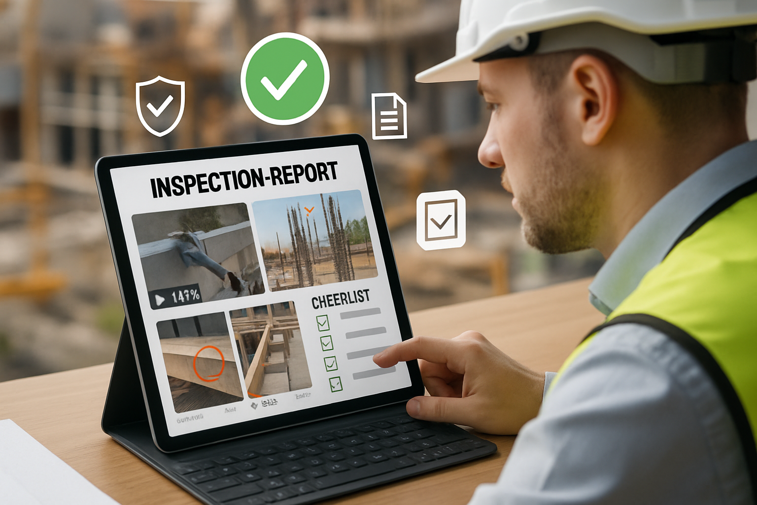 nspector sitting at a desk reviewing a digital inspection report on a laptop or tablet The screen shows photos videos annotations timestamps and check-1