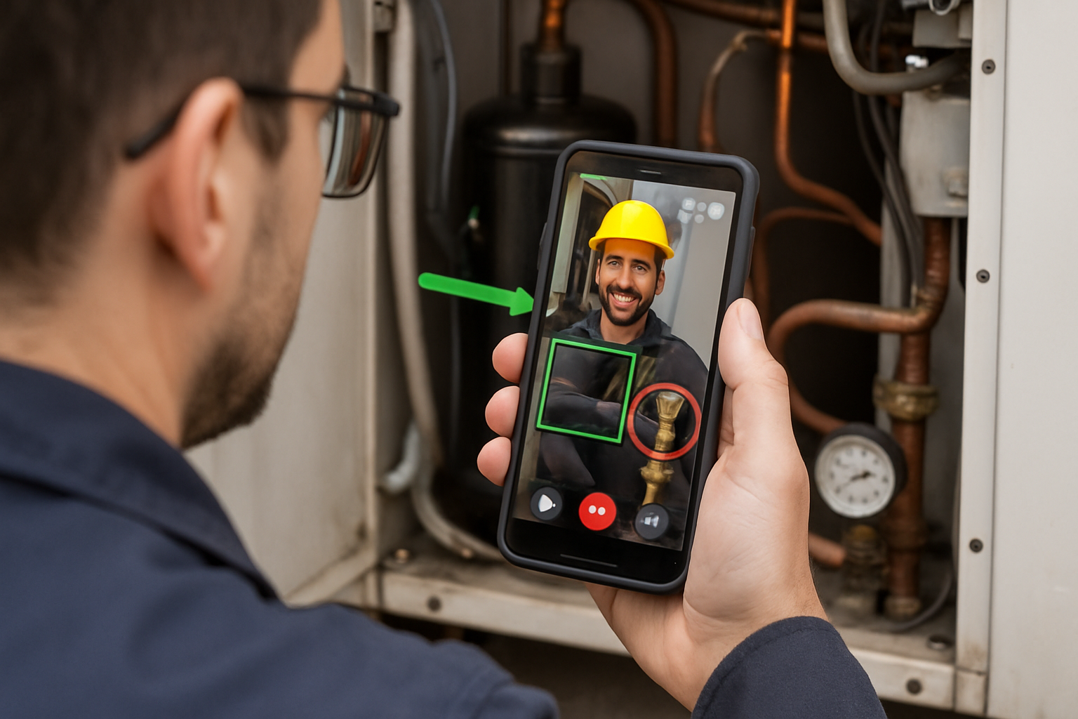 real image depicting technician using Augmented reality via live support video