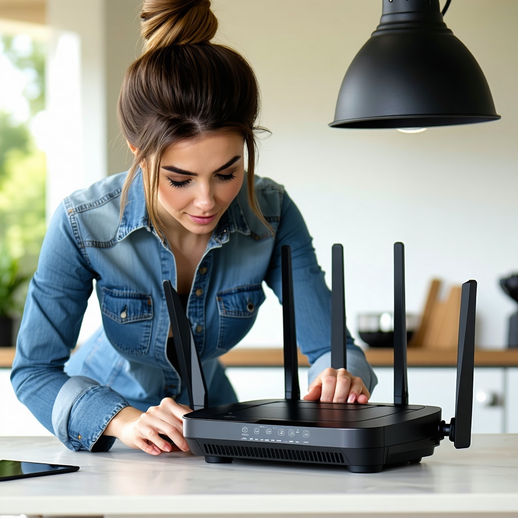 woman fixing a router