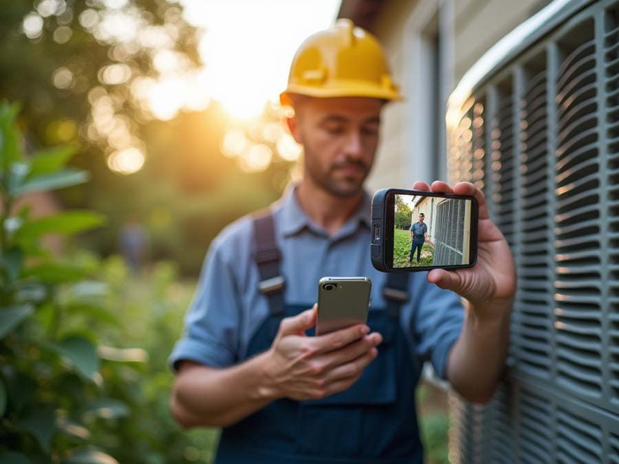 A professional HVAC technician inspects a residential air conditioning unit using a smartphone, with sunlight filtering through greenery, highlighting the blend of technology and expertise.