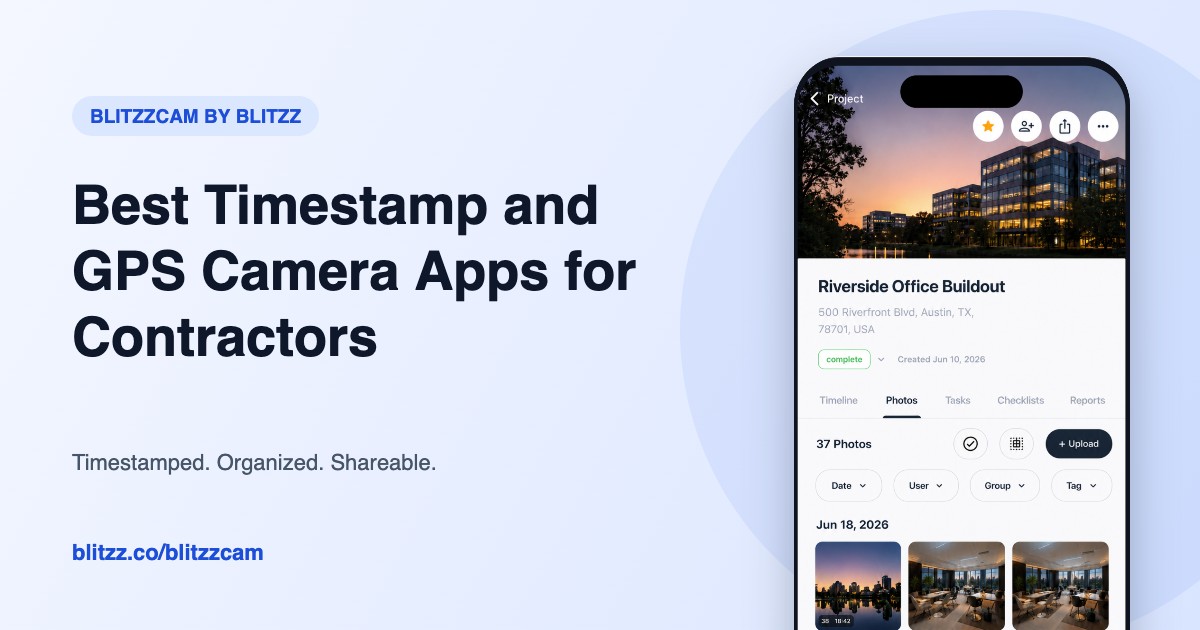 BlitzzCam app job photos screen for the guide to timestamp and GPS camera apps for contractors
