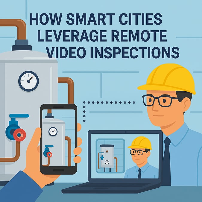 Illustration of a smart city inspector conducting a remote video inspection of a water heater using a smartphone