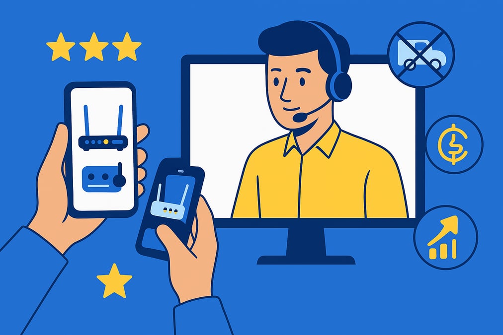 Illustration of a telecom support agent assisting a customer through remote video on a smartphone, with icons representing cost savings, no truck rolls, and increased satisfaction.