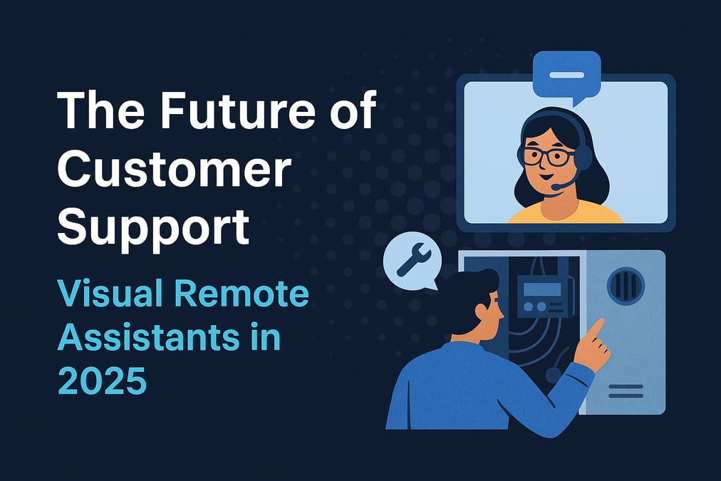 A radial infographic titled “Top 5 Benefits of Visual Remote Assistants in 2025” featuring a central icon of a headset and AI chip, with five circular nodes highlighting key benefits like faster resolution, improved fix rates, global scalability, lower costs, and customer satisfaction.