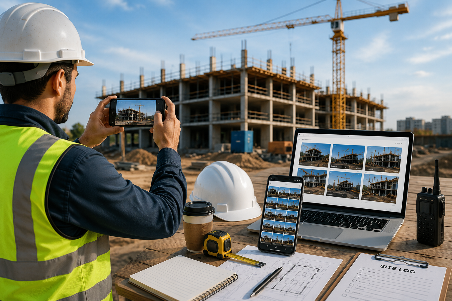 Construction worker capturing jobsite photos with the BlitzzCam app while project photos sync to a laptop