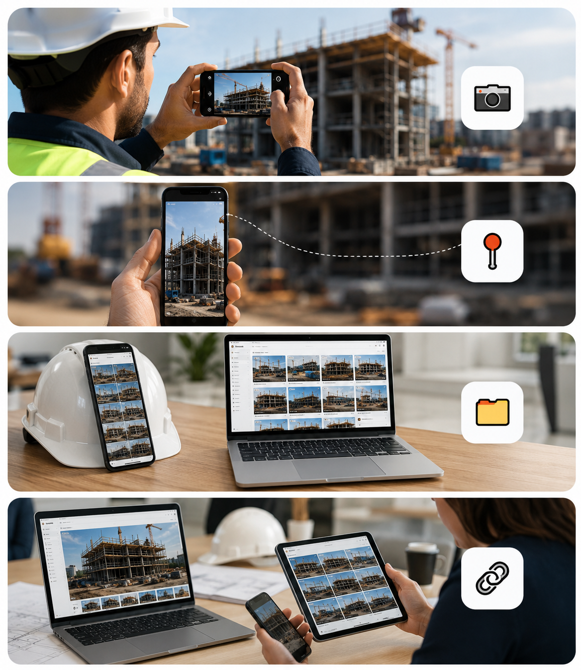 BlitzzCam app screens showing GPS and time stamped jobsite photos