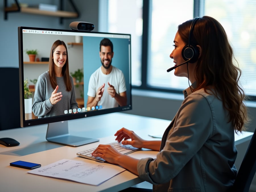 Customer service manager engaged in a video consultation with a satisfied customer, showcasing effective communication through hand gestures, surrounded by notes and visual aids at a modern desk.