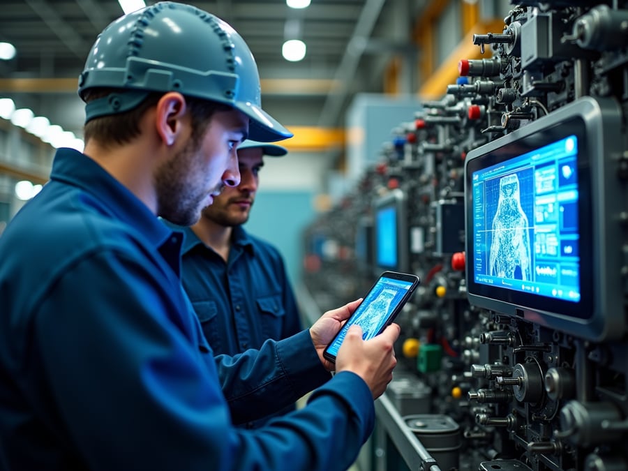 A technician uses a smartphone to view augmented reality diagnostics of manufacturing equipment while collaborating with a remote expert in a busy factory filled with machinery.