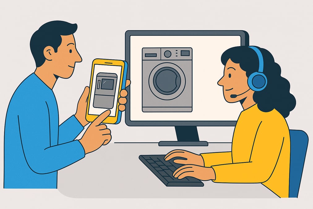 Cartoon-style illustration of a customer using a smartphone to show an appliance to a remote support agent, who views it live on her computer screen.