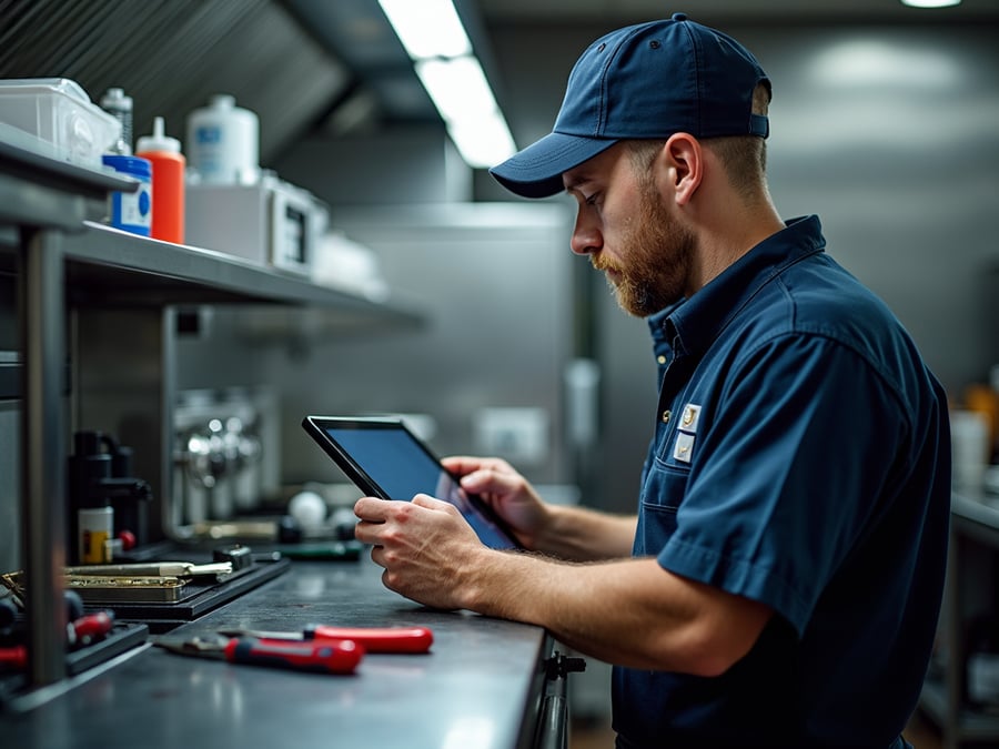 A service technician in a modern restaurant kitchen focused on machinery, surrounded by tools, with a tablet showing remote assistance from a technical representative.