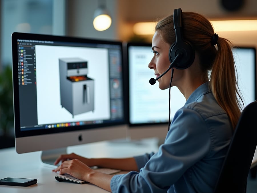 Professional customer support agent at a modern workstation, assisting a customer via headset while viewing a clear image of a commercial fryer on the computer screen.