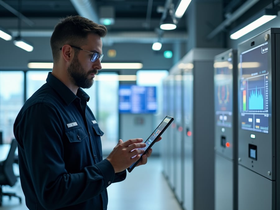 A professional HVAC technician wearing a virtual reality headset in a mechanical room, interacting with a holographic display of real-time data and diagnostics for advanced HVAC systems.