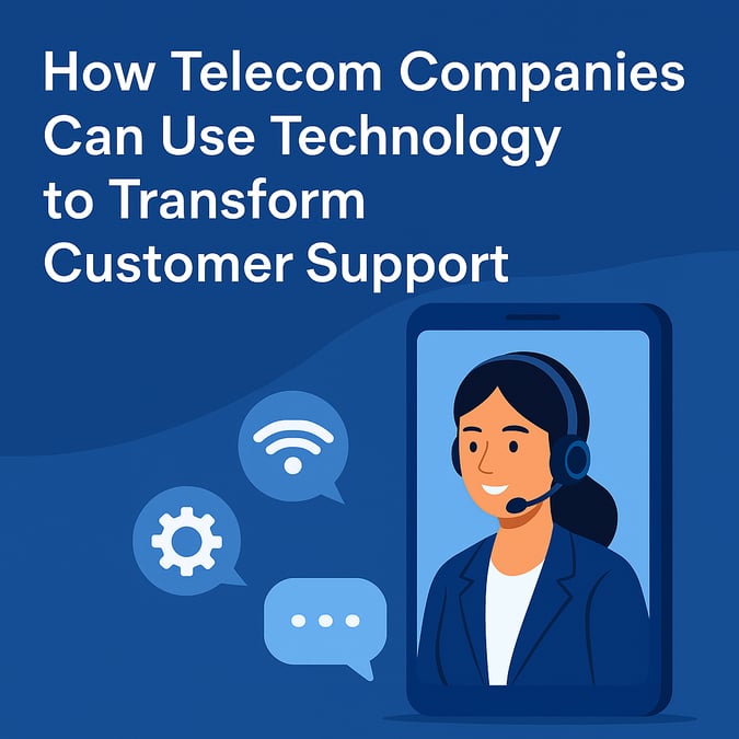 2D vector graphic of a telecom customer support agent with a headset, smartphone, and tech symbols like Wi-Fi and gears, representing digital transformation.