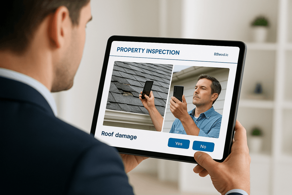 Adjuster conducting a live remote video inspection of property damage with a policyholder