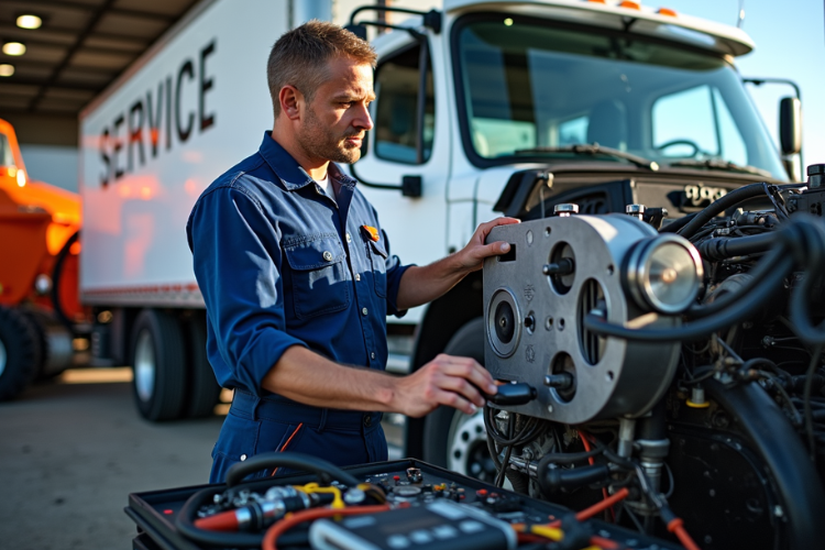 A technician inspecting machinery in a branded service truck, surrounded by tools and diagnostic equipment in an industrial setting under a clear blue sky.
