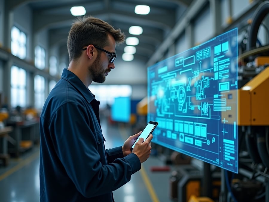Technician using a smartphone in a busy facility with industrial equipment, surrounded by vibrant holographic schematics and real-time data overlays, showcasing advanced remote support technology.