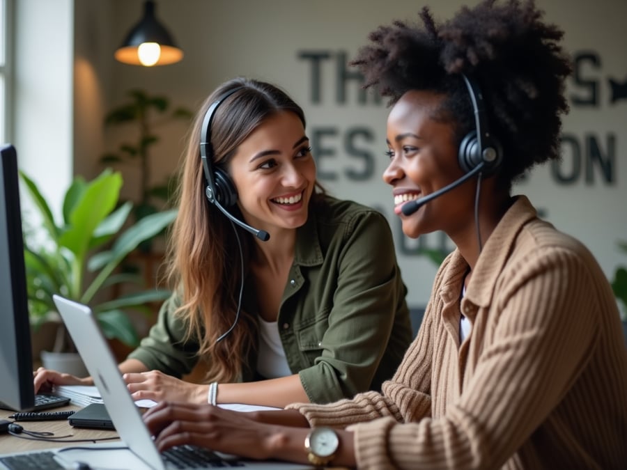 A customer service representative with a headset smiles warmly while speaking to a distressed customer on a video call,