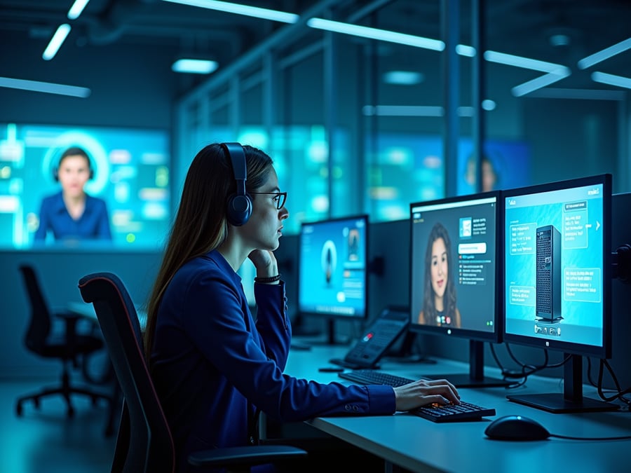 Virtual customer service agent assisting client with modem troubleshooting via holographic video interface in modern command centre