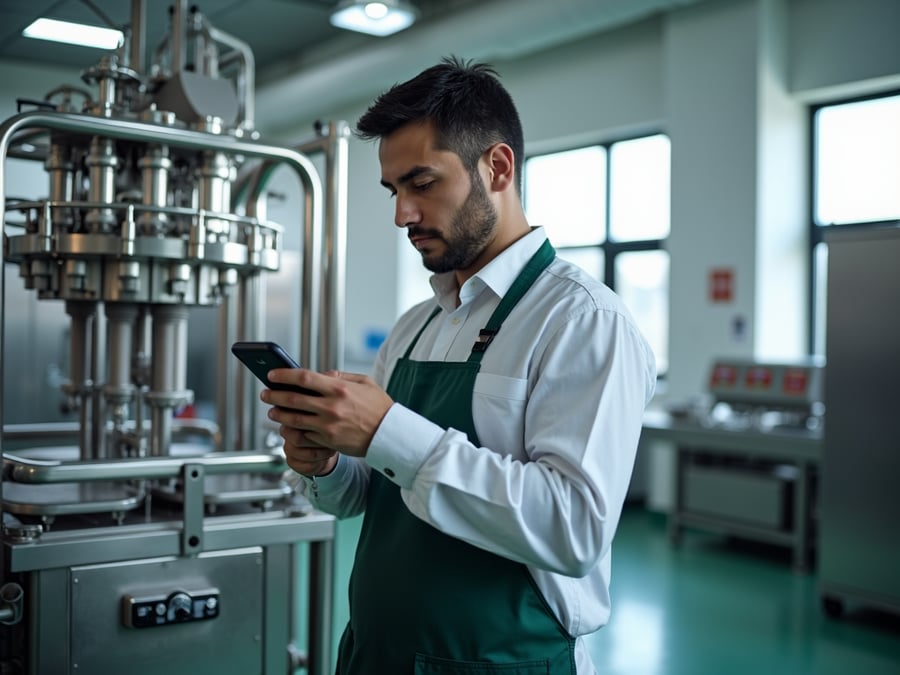 A technician in a clean food processing facility inspects machinery with a cellphone in hand, sunlight illuminating the details of the equipment and his focused expression.