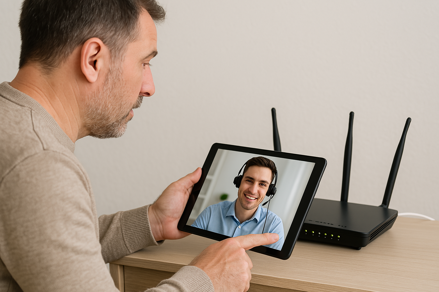 A middle-aged man with short graying hair and a beard holds a tablet while pointing at a Wi-Fi router on a wooden table. On the tablet screen, a customer service representative is seen speaking via live video, assisting with the issue. Green lights on the router indicate it is powered and connected. A middle-aged man with short graying hair and a beard holds a tablet while pointing at a Wi-Fi router on a wooden table. On the tablet screen, a customer service representative is seen speaking via live video, assisting with the issue. Green lights on the router indicate it is powered and connected.