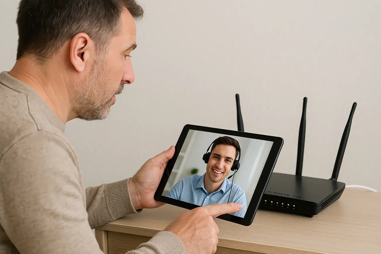 A middle-aged man with short graying hair and a beard holds a tablet while pointing at a Wi-Fi router on a wooden table. On the tablet screen, a customer service representative is seen speaking via live video, assisting with the issue. Green lights on the router indicate it is powered and connected. A middle-aged man with short graying hair and a beard holds a tablet while pointing at a Wi-Fi router on a wooden table. On the tablet screen, a customer service representative is seen speaking via live video, assisting with the issue. Green lights on the router indicate it is powered and connected.