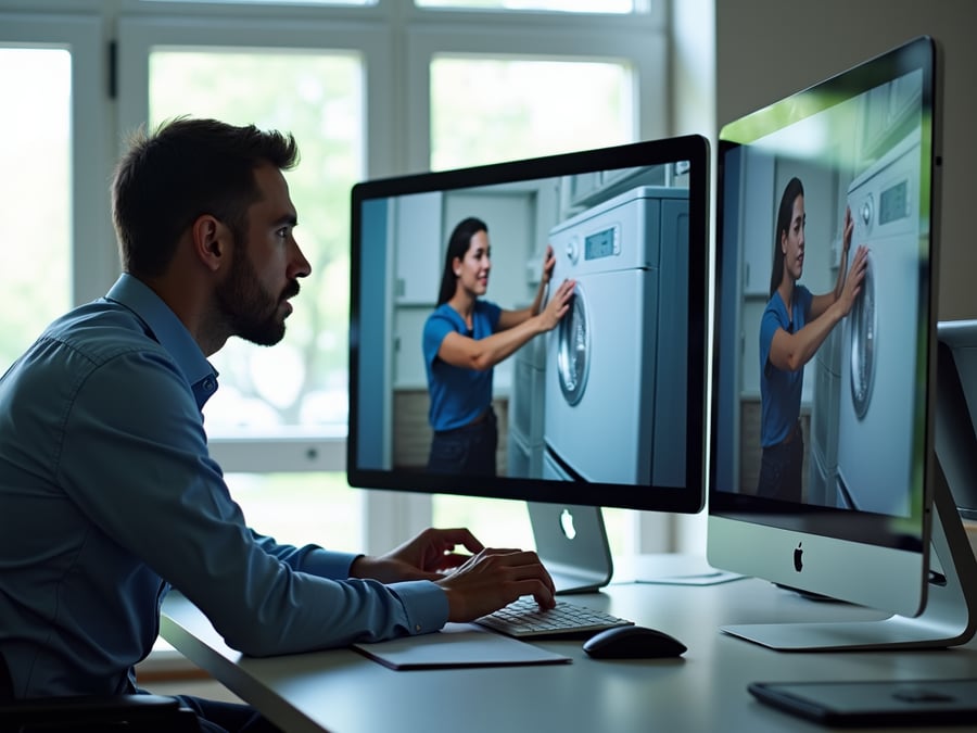 A warranty manager analyzes a live video feed of a customer showcasing a faulty appliance, with annotations on the screen, in a modern office setting.