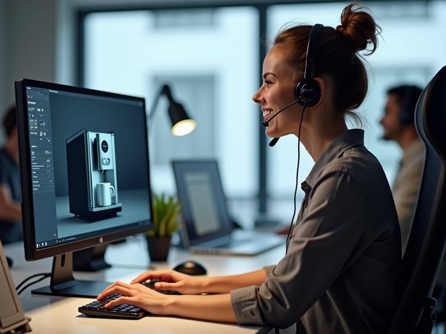 A customer support agent assisting a client over a headset at a modern workstation, with a computer screen showing a coffee machine.
