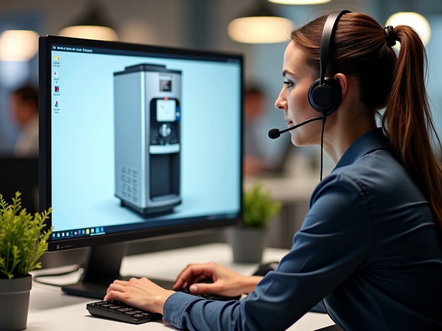 Professional customer support agent at a modern workstation, empathetically assisting a customer via headset, with a clear view of a Spaceman ice cream machine on the computer screen.