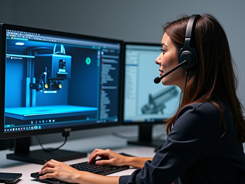 A customer support agent at a modern workstation, assisting a customer with a 3D printer diagnosis while using a headset.