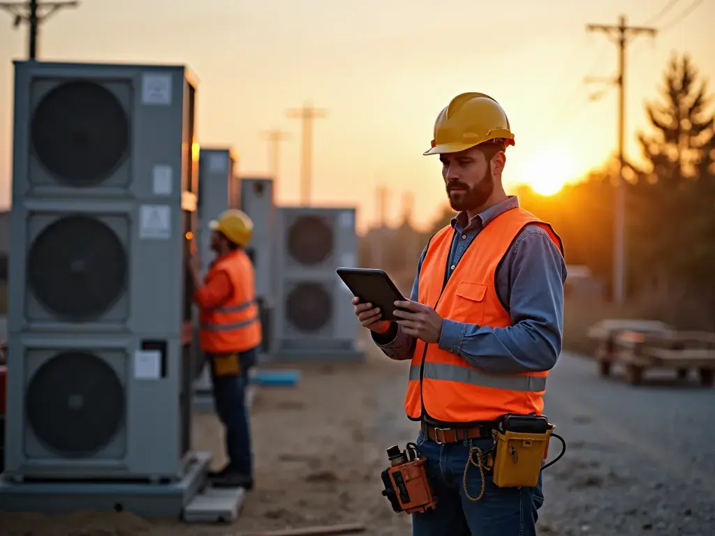 A professional HVAC contractor on a busy job site uses a tablet for a video call with a client, showcasing installation visuals as the sunset casts a warm glow over the scene.