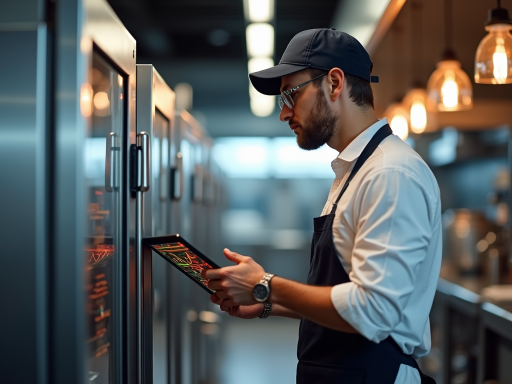 A technician in a clean uniform examines high-tech food equipment in a busy commercial kitchen, holding a tablet with diagnostic data, illuminated by warm overhead lights.