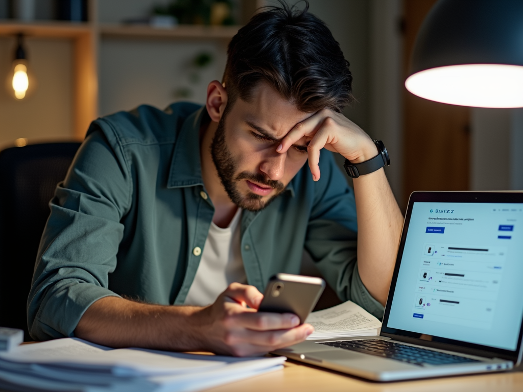 Frustrated consumer at a cluttered desk with warranty documents and a laptop showing the Blitzz interface, receiving real-time assistance on a smartphone, reflecting the tension of the claims process and the ease of modern technology.