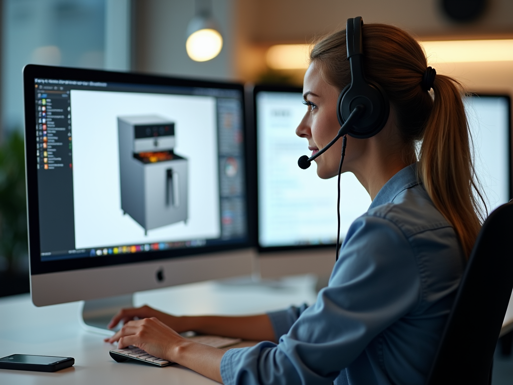 Professional customer support agent at a modern workstation, assisting a customer via headset while viewing a clear image of a commercial fryer on the computer screen.