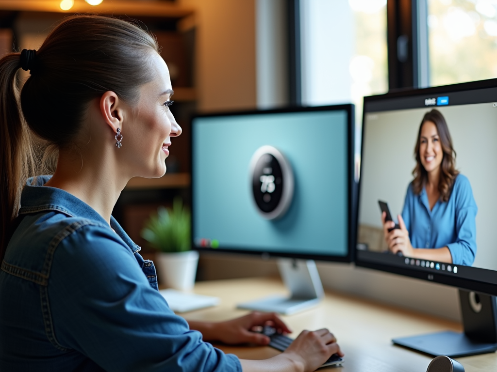 A professional sales agent engaged in a video call in a modern home office, featuring a dual-monitor setup displaying a NEST thermostat and the Blitzz Concierge virtual assistant tool.