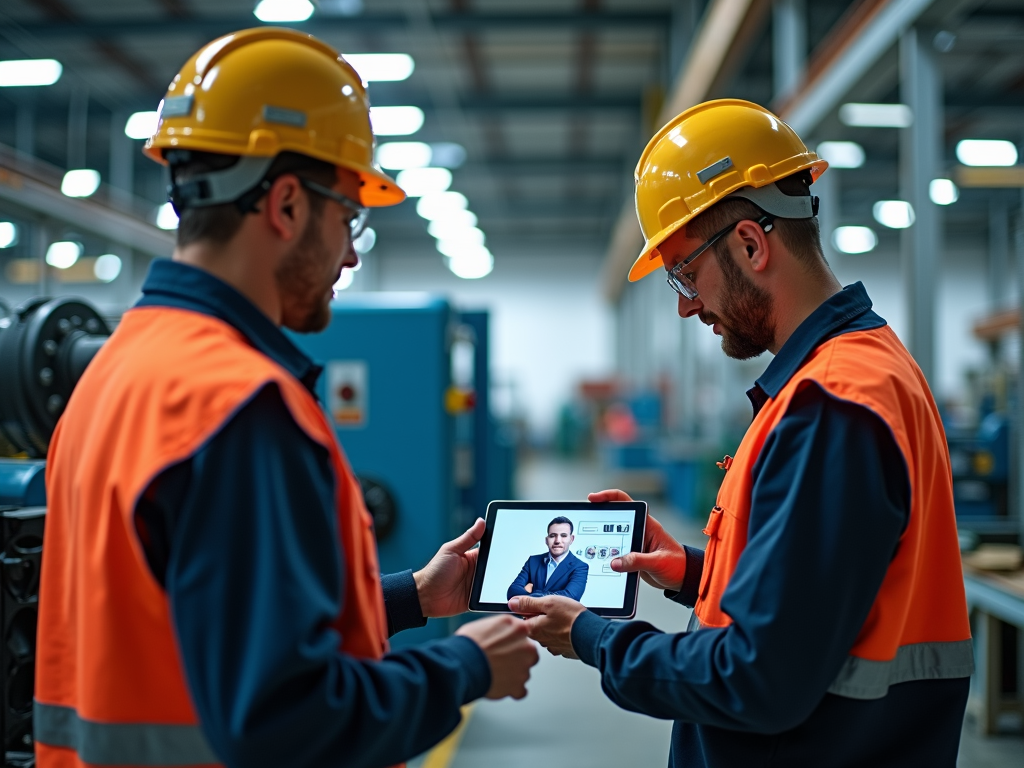A field service technician uses a high-tech tablet to receive remote video support while troubleshooting machinery in an industrial setting, showcasing collaboration with a remote expert.
