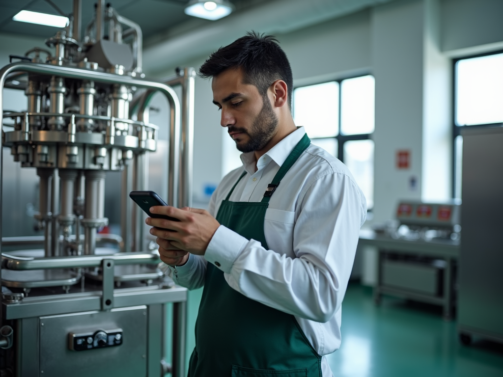 A technician in a clean food processing facility inspects machinery with a cellphone in hand, sunlight illuminating the details of the equipment and his focused expression.