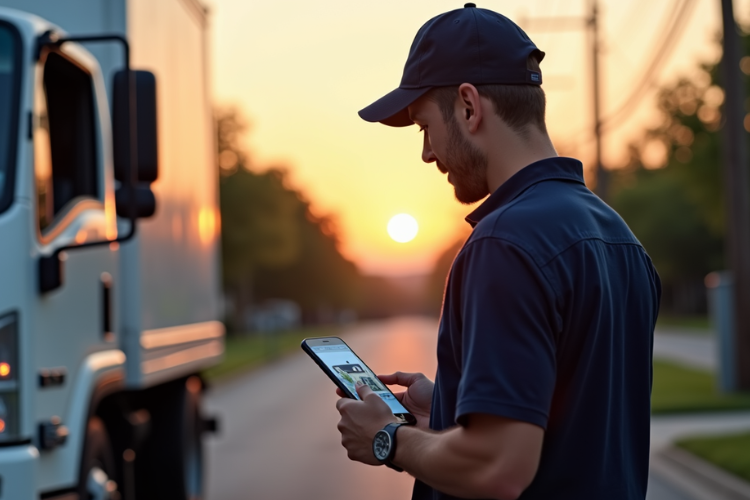 A technician in a uniform examines a smartphone showing a live video feed from a customer's home next to a delivery truck on a suburban street at sunset.