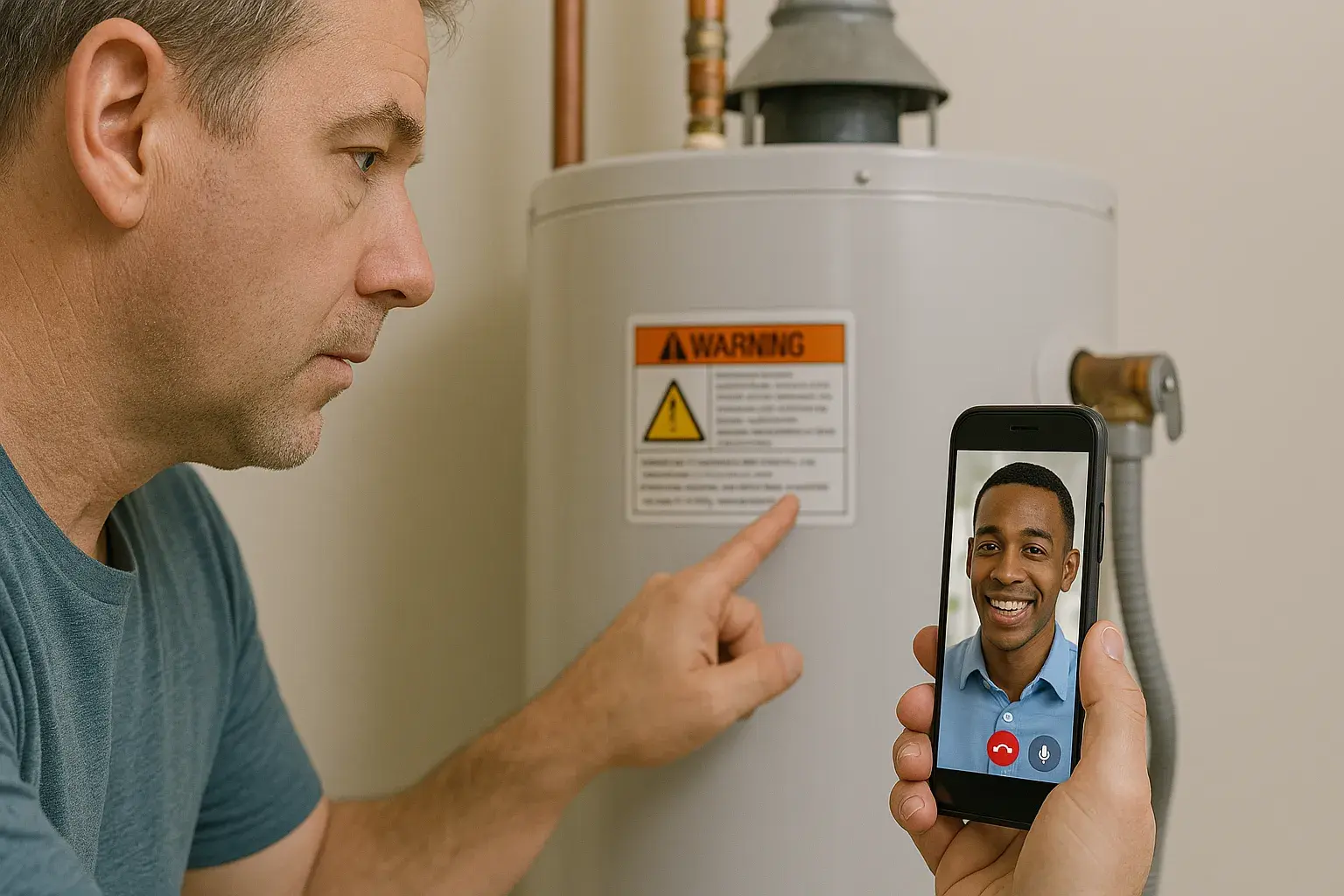 Building inspector reviewing a water heater installation over a Blitzz Inspect video call