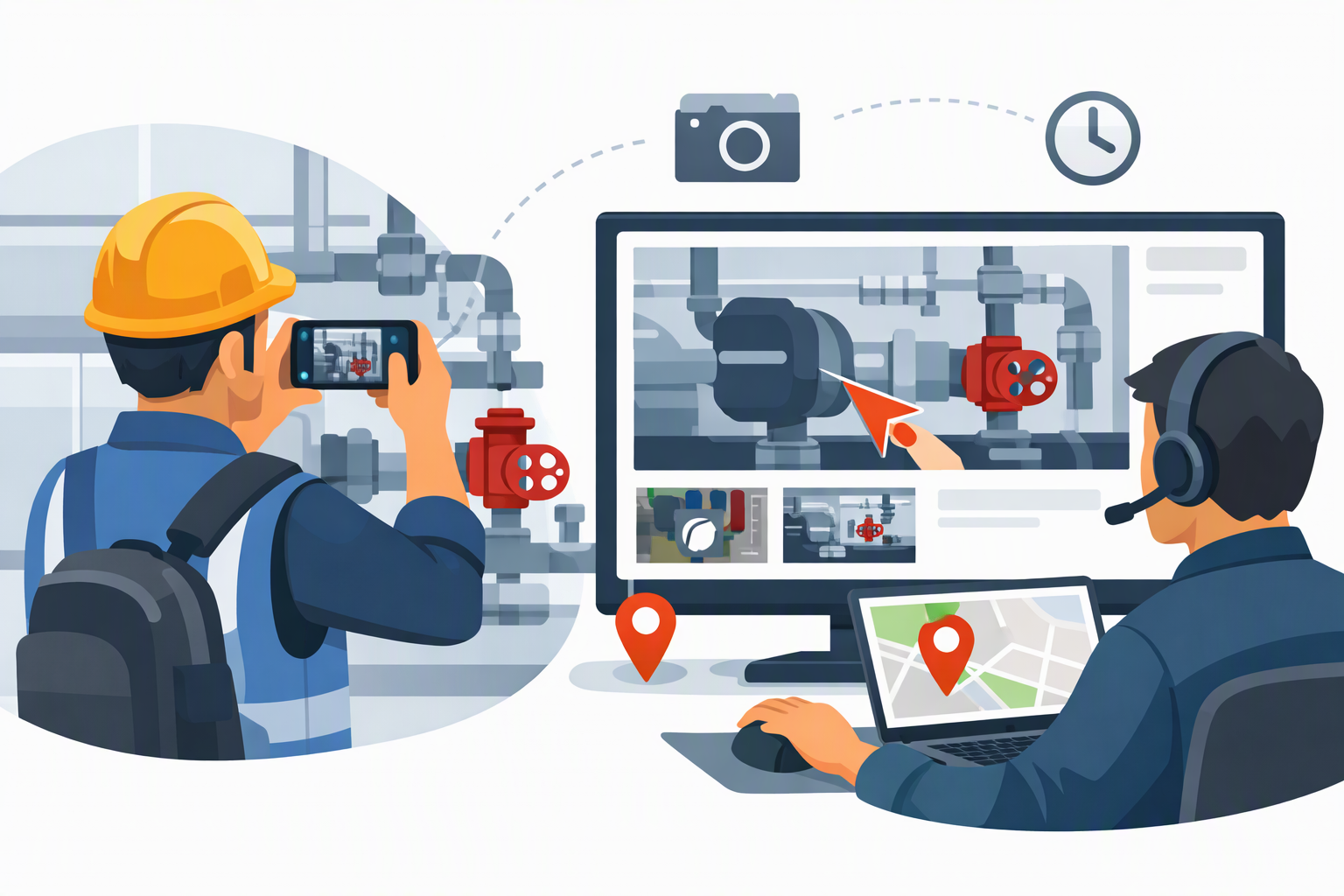 Illustration of field inspection software with a remote expert guiding a live inspection from a browser