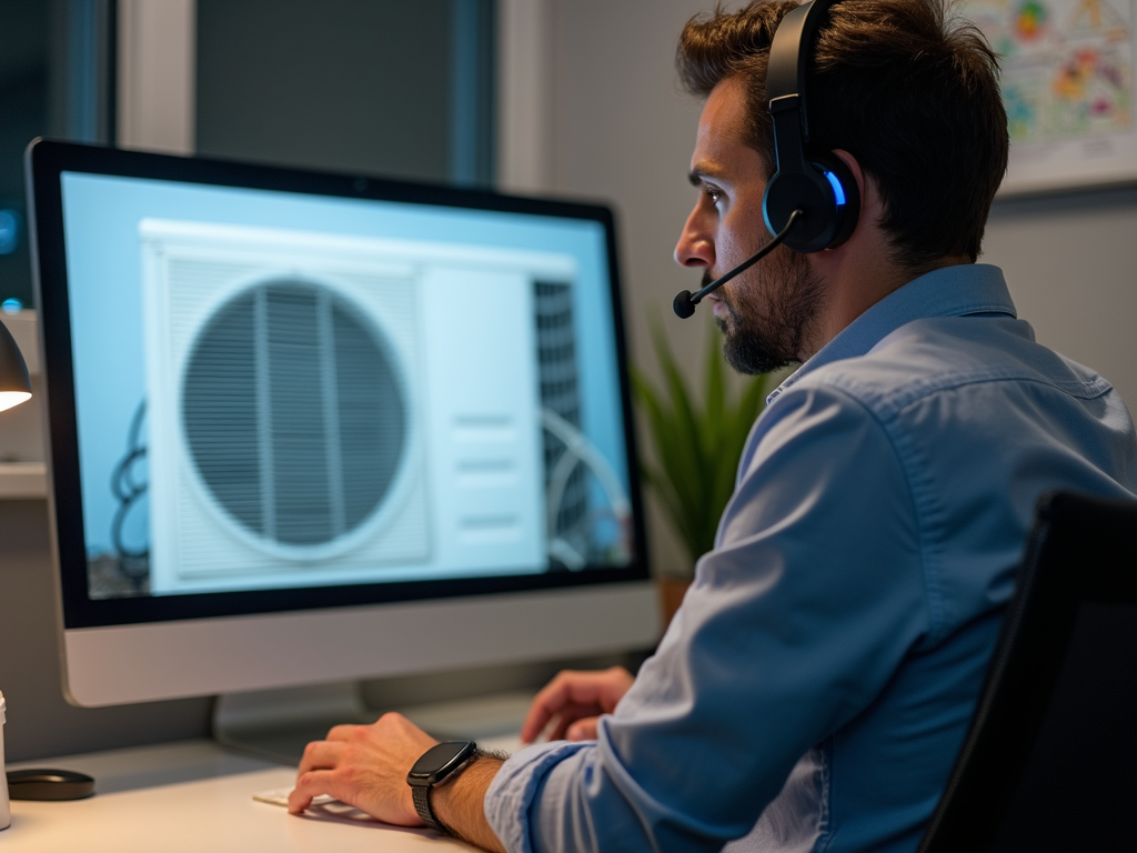 A professional sales agent with a headset engaged in a video call in a modern home office, with a monitor displaying a clear image of an AC condenser unit and an arrow pointing to a specific part.