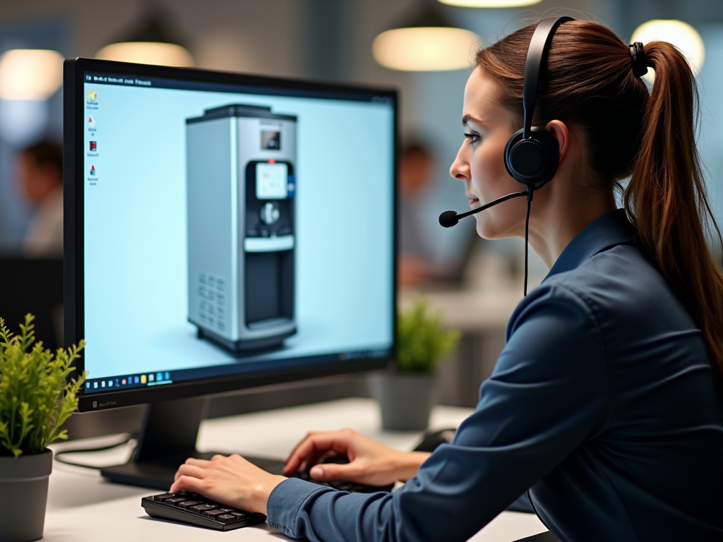 Professional customer support agent at a modern workstation, empathetically assisting a customer via headset, with a clear view of a Spaceman ice cream machine on the computer screen.